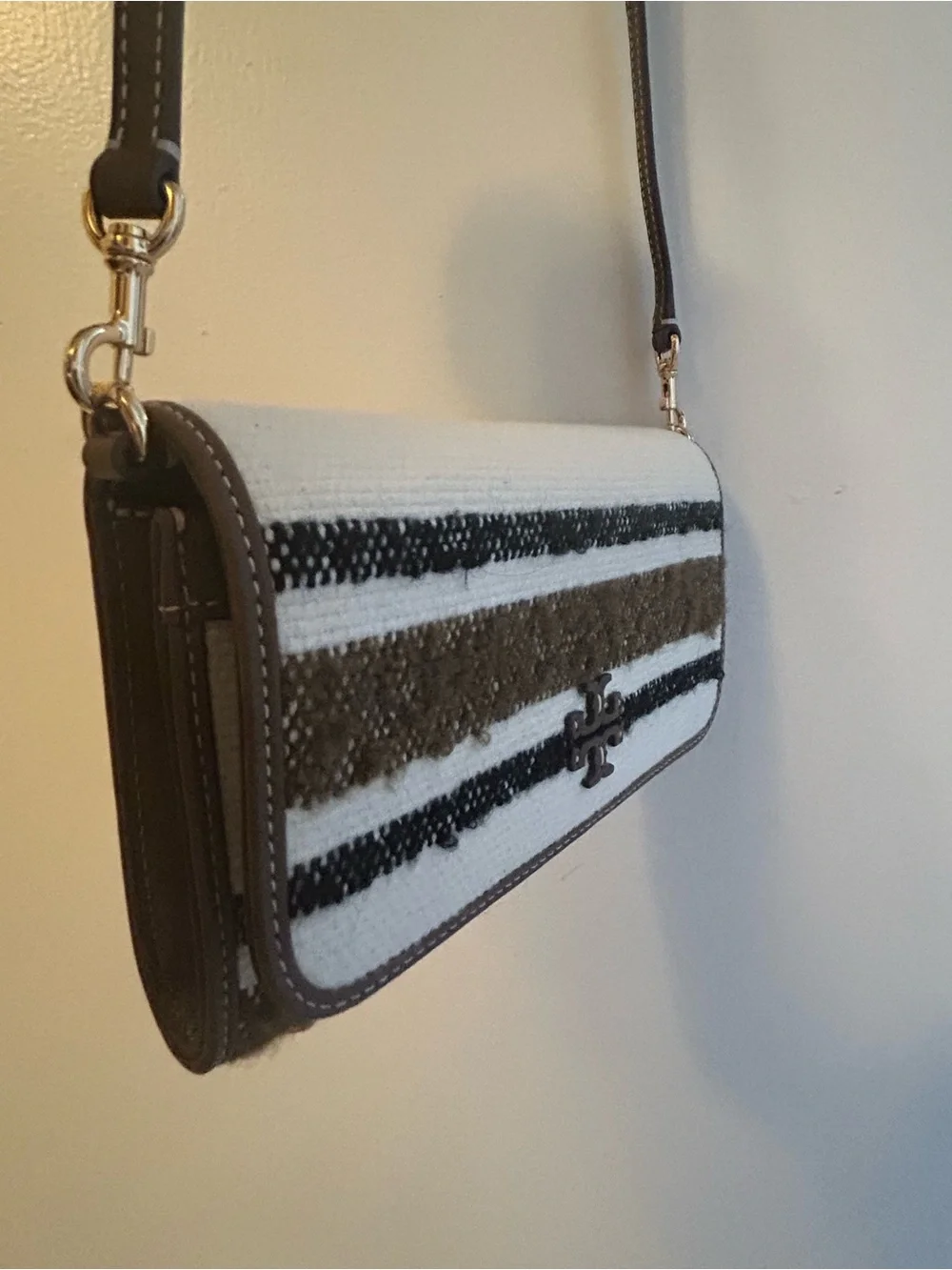 Tory Burch Cream, Brown & Black Striped Crossbody Bag